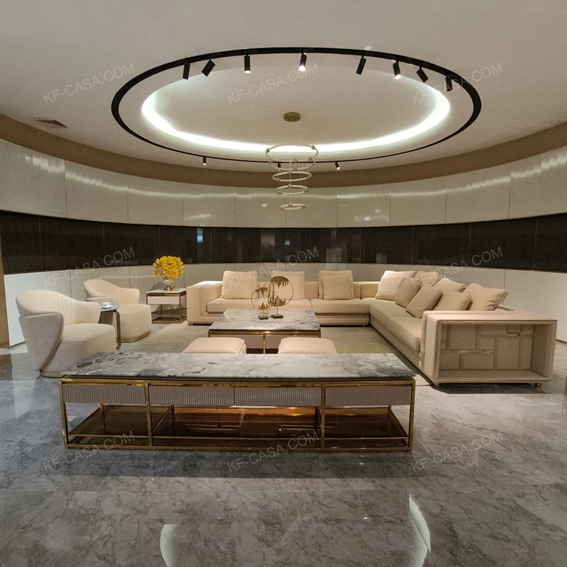 Beige Fabric L-Shape Sofa Set with Geometric Panel Craftsmanship & Fan-Shaped Quilting
